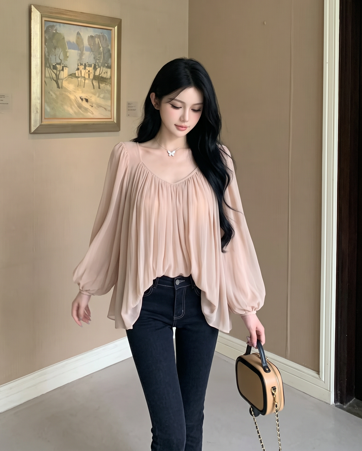 실사 정가 프랑스식 벌룬 소매 시폰 셔츠 여성 봄 여름 와이드 밑단 핀치 Pleat 마이크로 ~을 통해 패키지 어깨 셔츠