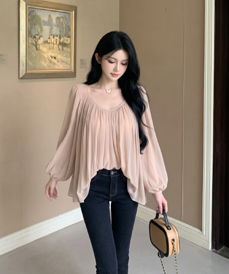 실사 정가 프랑스식 벌룬 소매 시폰 셔츠 여성 봄 여름 와이드 밑단 핀치 Pleat 마이크로 ~을 통해 패키지 어깨 셔츠