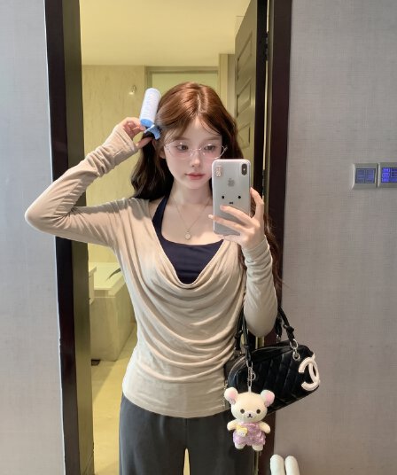 실사 정가 예약하기 어둡고 조용한 스택 음악 가면 의류 긴팔 블라우스 티셔츠 여성 겨울 흔들다 칼라 사실 두 조각 맨위