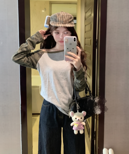 실사 정가 약 질적 인 놈 꽃 회색 패치워크 카모플라주 소매 불규칙 비스듬한 어깨 칼라 삽입 어깨 소매 루즈핏 느긋한 티셔츠
