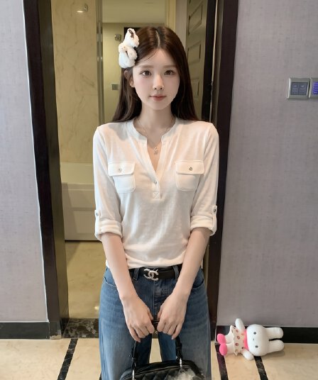 실사 정가 니스 오래된 일지 반 개방 칼라 주머니 중간 소매 티셔츠 여성 가을 느슨함 센스 슬림해 보이는 통기성 맨위