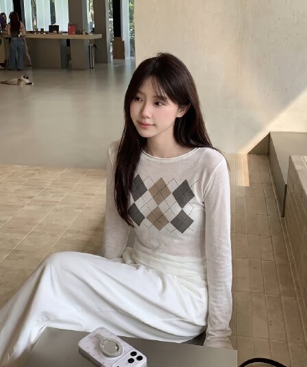 실사 정가 레트로 링 그리드 배색 라운드 넥 긴팔 티셔츠 여성 몸매 가꾸기 슬림해 보이는 인사이드 가져 가라. 기본 셔츠 켜기