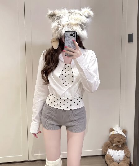 실사 정가 자외선 차단 차가운 센스 페이크 레이어드 셔츠 긴팔 몸매 가꾸기 화이트 재킷 셔츠 여자