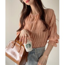 批发外贸<b class='q'>女</b>装 日本乐天2025春秋新款 压褶喇叭袖雪纺衫宽松<b class='q'>长袖</b>上衣