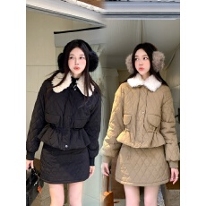 批发实拍千金风短款显瘦胖MM小香冬季棉服套装收腰外套+半身裙两件套