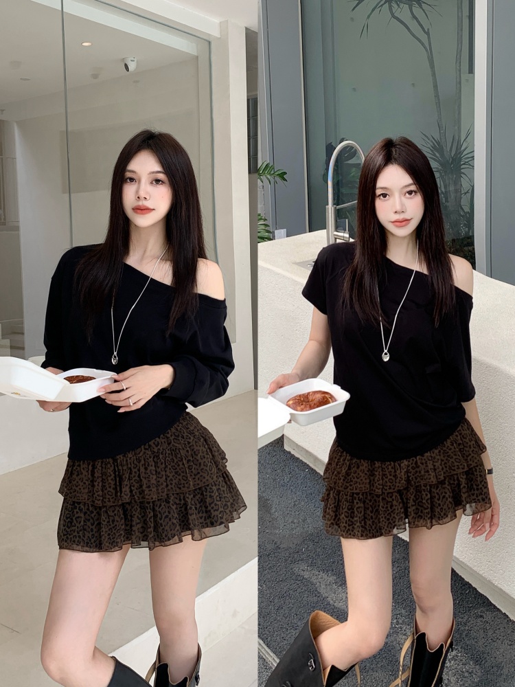 실사 여름 빅 사이즈 여성 의류 새로운 오프숄더 티셔츠 오프숄더 비스듬한 칼라 맨위 레오파드 무늬 쉬폰 작은 섹시함 미니 스커트