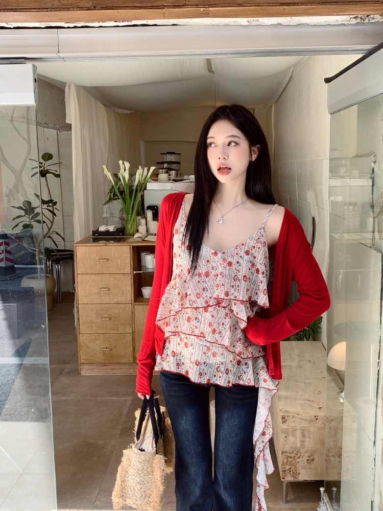 실사 여름 지방 mm 새로운 쉬폰 분위기 센스 빨간색 꽃무늬 작은 슬링 프릴 맨위 오픈 가디건 투피스 세트