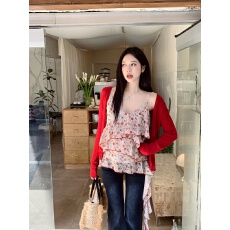 批发实拍夏季胖MM新款雪纺氛围感红碎花小吊带荷叶边上衣<b class='q'>开衫</b>两件套