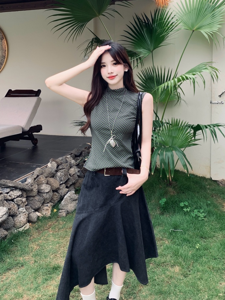실사 불규칙 데님 반신 스커트 지방 mm 여름 중간 길이 레트로 디자인 센스 조끼 항구 바람 반하이넥