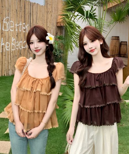 실사 레이스 레이스 Feifei 소매 쉬폰 지방 mm 2026 여름 새로운 u 칼라 프릴 슈퍼 요정 연령 감소 맨위