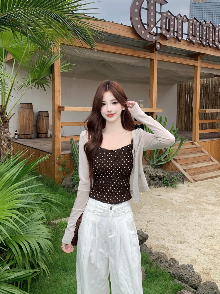 실사 한국 스타일 품격 여름 지방 mm 도트 무늬 슬립 단색 얇은 스타일 오픈 가디건 맨위 몸매 가꾸기 슬림해 보이는 투피스 세트