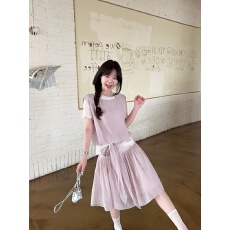 批发实拍夏季韩系樱花奶冻新款网纱短袖<b class='q'>背心</b>短裙胖MM粉紫色四件套装