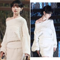 批发田曦薇同款斜肩绞花白色毛衣宽松性感慵懒复古针织衫25<b class='q'>秋</b>冬新款