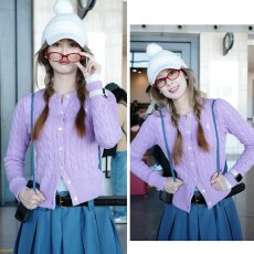 批发赵昭仪同款毛衣开衫韩版<b class='q'>甜美</b>紫色麻花圆领长袖单排扣针织衫外套女