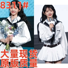 批发田曦薇同款白色拼接细格纹假两件双领长袖低腰新款衬衫<b class='q'>连衣裙</b>子