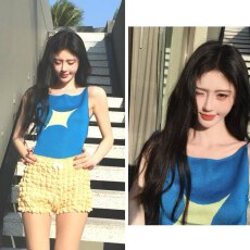 批发鞠婧祎同款蓝色针织提花露背吊带迷你泡泡褶皱低腰显瘦蝴蝶结休闲