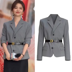 批发我的山与海谭松韵同款黄色西服女气质通勤百搭高级感收腰西装外套