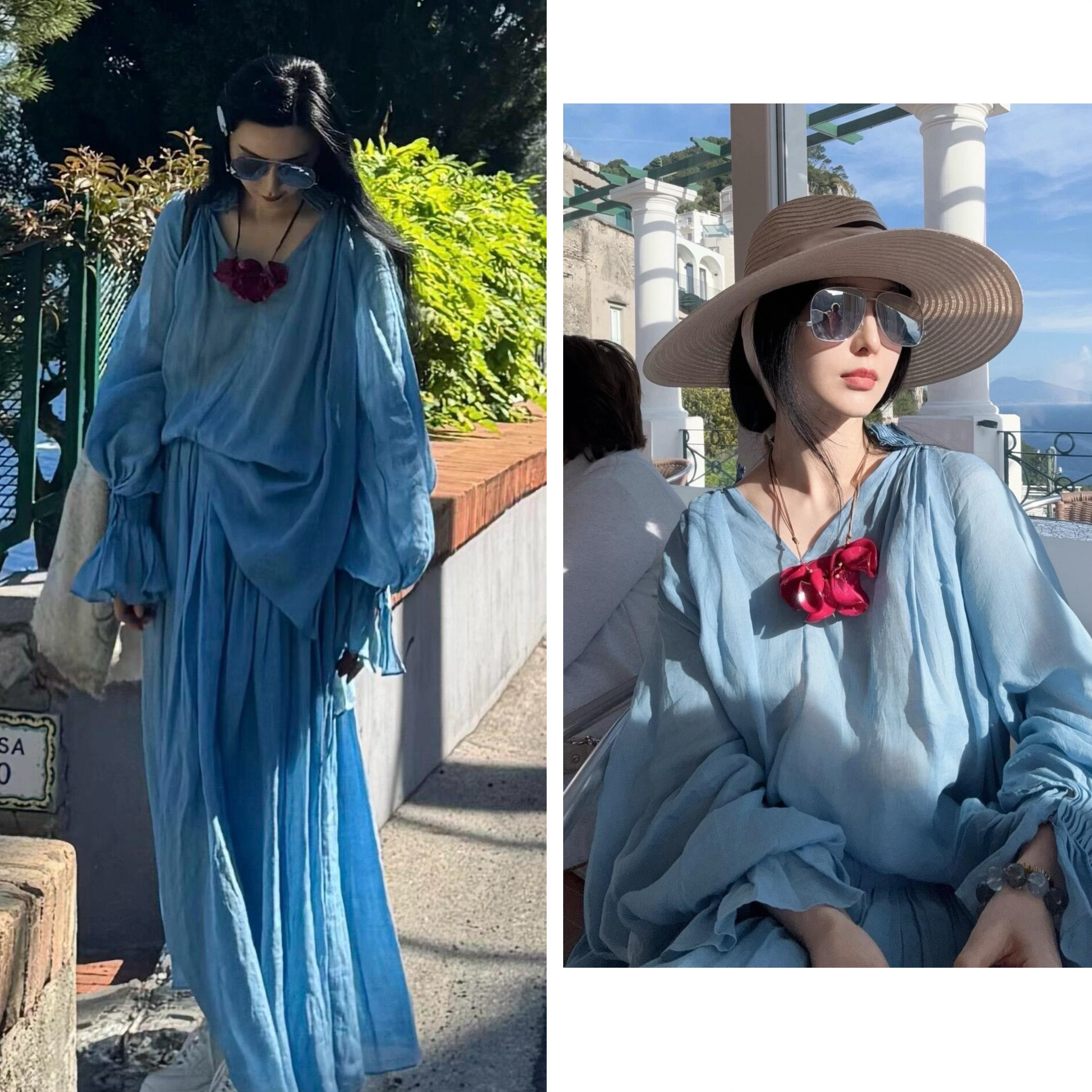 팬 빙빙 같은 단락 여름 새로운 문예 레트로 세트 파란색 장기 Pleat 터틀넥 셔츠 한 마디 반 스커트