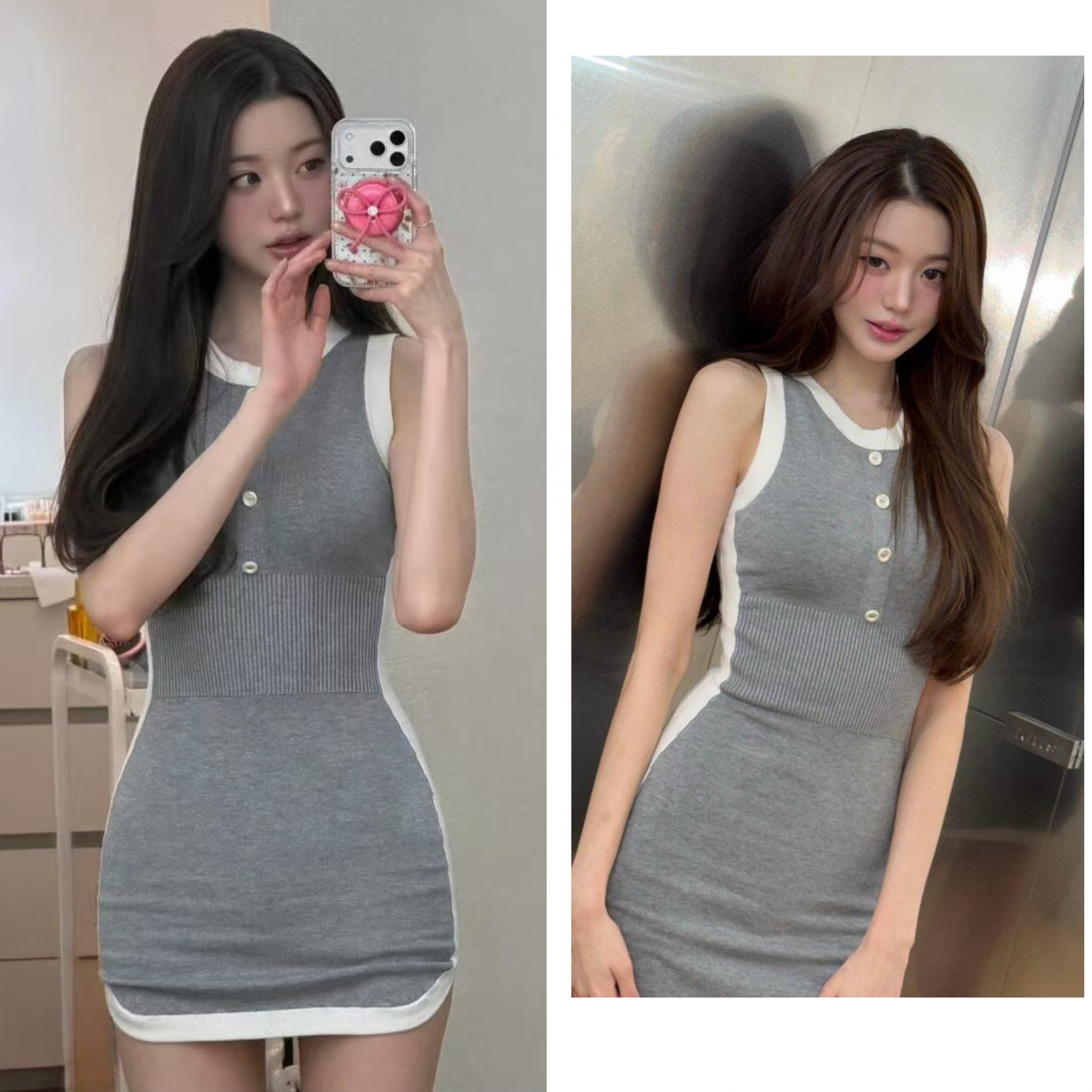 장 원 영어 같은 단락 회색 라운드 넥 조끼 원피스 2026 여름 한 부서 빛 요리 한 바람 디자인 센스 허리 수축 타이트 스커트