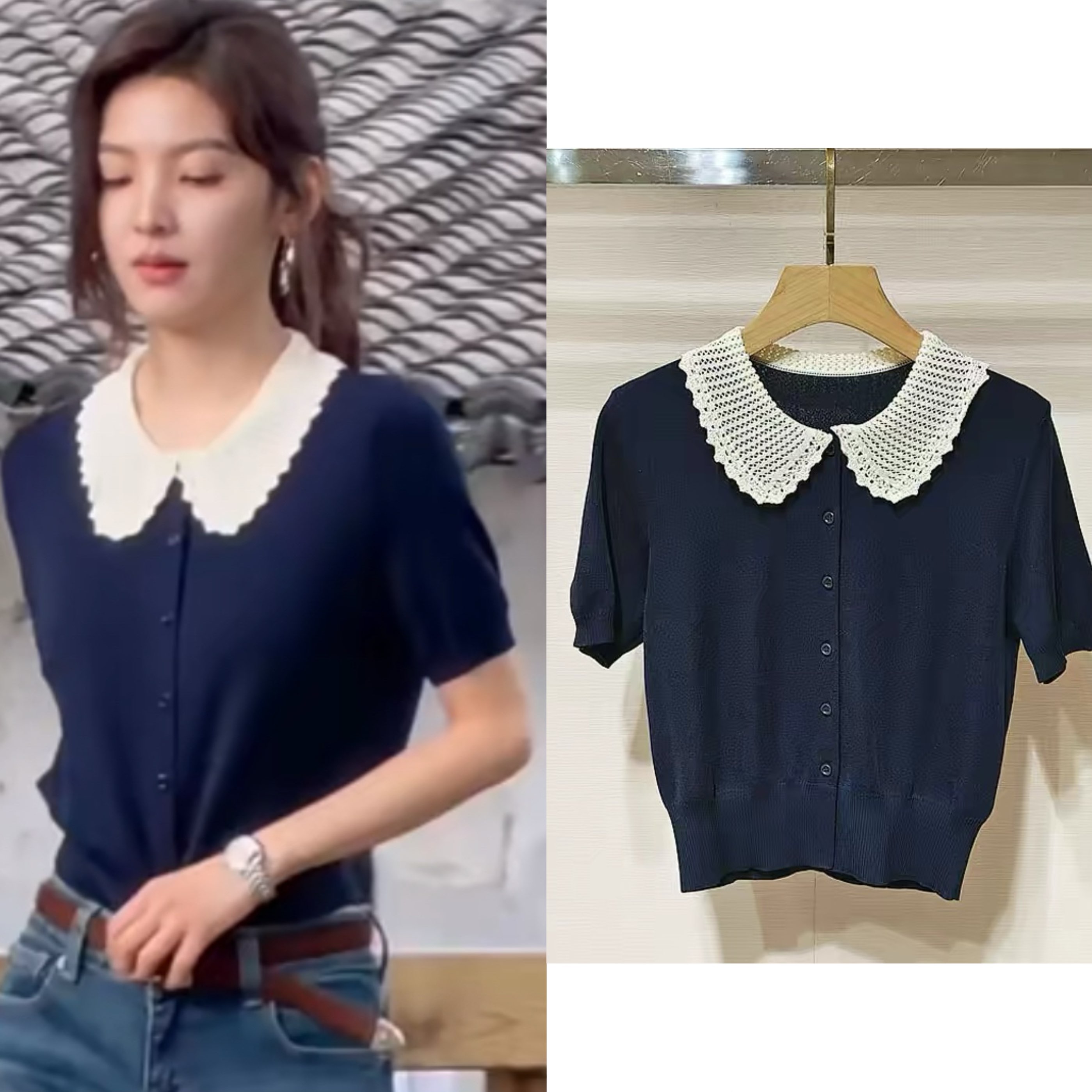 챕터 만약 난 같은 단락 여름 새로운 해군 배색 자수 홀로우 아웃 폴로 칼라 패치워크 반팔 니트 반팔 맨위