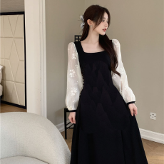 批发新款法式温柔方领连衣裙假两件<b class='q'>胖</b><b class='q'>mm</b><b class='q'>收腰</b>显瘦a字裙