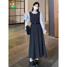 批发法式穿搭<b class='q'>假两件</b><b class='q'>连衣裙</b>女秋冬新款大码胖mm收腰显瘦气质长裙