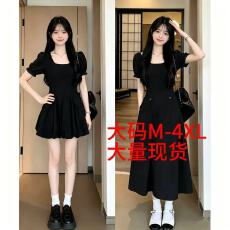 批发大码夏显瘦收腰a字方领小个子裙子女胖mm高级感法式赫本风<b class='q'>连衣裙</b>
