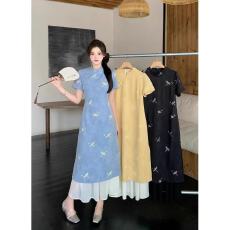 批发大码女装胖mm夏季新中式改良<b class='q'>旗袍</b><b class='q'>连衣裙</b>高级感刺绣网纱拼接长裙子