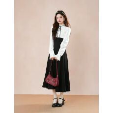 批发法式复古风假两件<b class='q'>连衣裙</b>女秋季新款气质收腰拼接淑女风设计感<b class='q'>长裙</b>