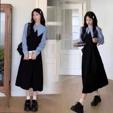 批发大码女装学院风假两件长袖<b class='q'>连衣裙</b>秋季穿搭裙子胖mm遮肚显瘦A字裙