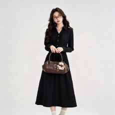 批发秋季学院风黑色长袖衬衫<b class='q'>连衣裙</b>教资面试穿搭收腰a字裙女