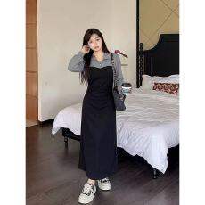 批发（80-200斤）大码女装胖mm法式设计感<b class='q'>翻领</b>撞色拼接长袖<b class='q'>连衣裙</b>秋季