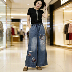 批发复古绣花深蓝色牛仔裤夏新款大码胖mm宽松阔腿裤子