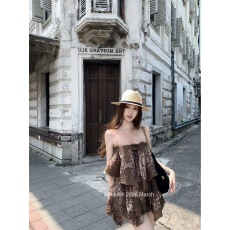 批发板栗可可【加色】'菲林迷雾'蕾丝露背吊带荷叶边连衣裙长款女夏