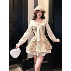 批发桔梗house 彼岸<b class='q'>蔷薇</b> 法式千金风娃娃领收腰显瘦长袖碎花连衣裙