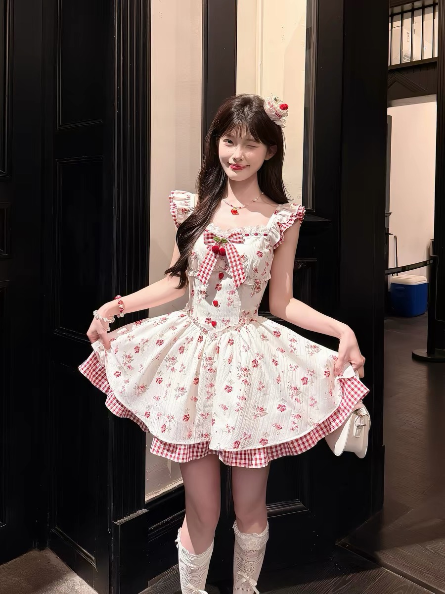 캄파넬라 세과 house 딸기 라스베리 라스베리 달콤한 스타일 프린트 허리 수축 3 차원 나비 매듭 드레스 공주 드레스
