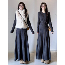 批发格雷系a字百褶半身裙女秋冬法式<b class='q'>胖</b>MM<b class='q'>高腰</b>遮胯中长款毛呢针织长裙