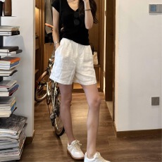 批发高品质松弛雨露麻短裤夏季35亚麻65棉
