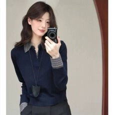 批发韩系miu风格子拼接假两件针织衫女短款V领上衣<b class='q'>春</b>秋季Polo翻领内搭