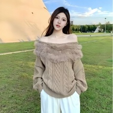 批发2025秋冬复古名媛风一字肩长袖针织衫女秋季休闲百搭毛衣毛领上衣