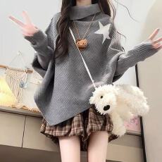 灰色高领斗篷上衣女新款设计感小众慵懒风不规则长袖针织衫毛衣冬