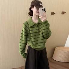 批发绿色polo衫翻领<b class='q'>条纹</b><b class='q'>针织衫</b>毛衣秋冬女2025新款慵懒高级感宽松上衣