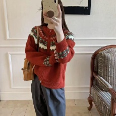 高级复古重工费尔岛圆领提花拉链秋冬针织开衫加厚慵懒毛衣外套