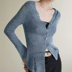 批发2026春夏新款 设计师品牌 不对称马海毛破洞针织<b class='q'>开衫</b>