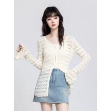 批发杏色V领镂空针织<b class='q'>开衫</b><b class='q'>女</b>夏2026夏季新款收腰防晒罩衫外搭长袖上衣