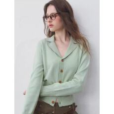 批发绿色翻领木扣麻花西装领收腰针织开衫女毛衣<b class='q'>外套</b>春秋法式短款<b class='q'>上衣</b>