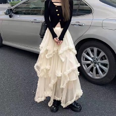 批发超好看杏色网纱A字<b class='q'>半身裙</b>女2026春<b class='q'>不规则</b>花边高腰垂感蛋糕长裙子