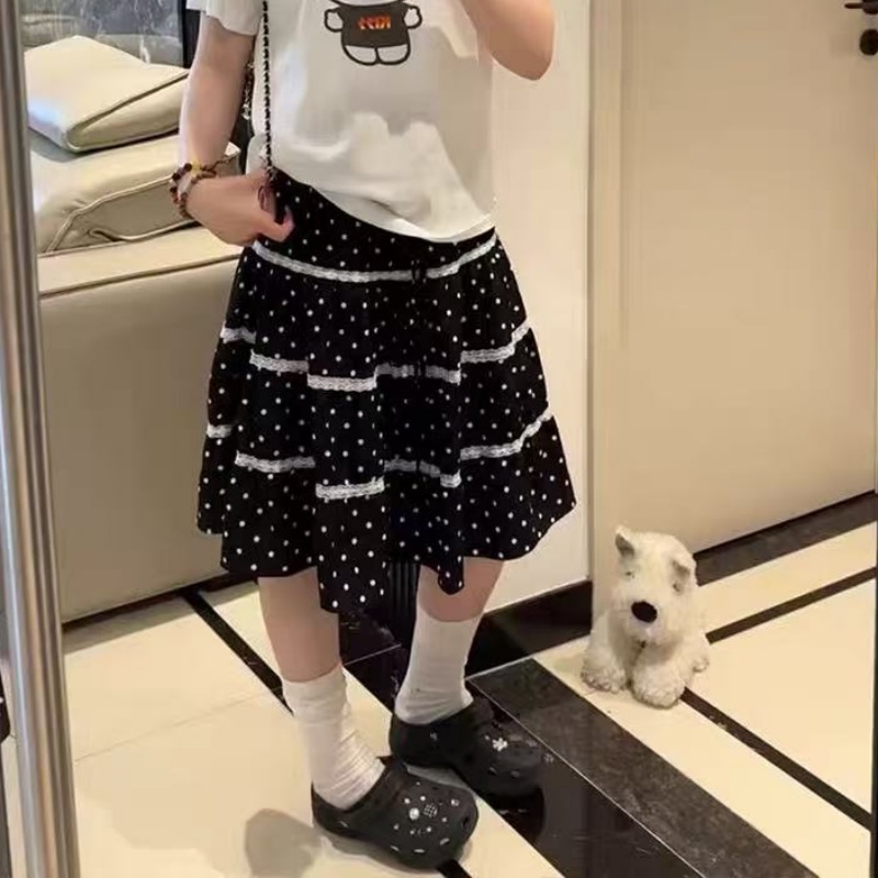 한 부서 느긋한 착용 가져 가라. 검정색 도트 무늬 치마 패치워크 레이스 레이스 한 마디 반신 스커트 아이들 케이크 드레스 작은 키