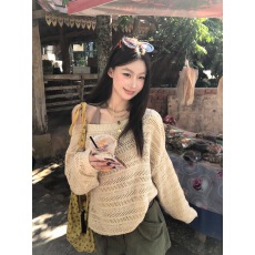 批发红人馆针织<b class='q'>衫</b>女款2026年新款春装韩系穿搭斜肩上衣镂空慵懒风<b class='q'>毛</b>衣