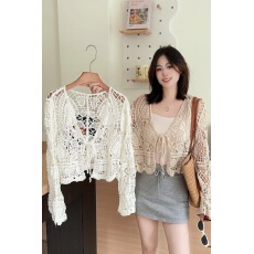 批发法式复古钩花系带短款开衫夏季时尚长袖镂空<b class='q'>防晒衫</b>温柔风外搭上衣